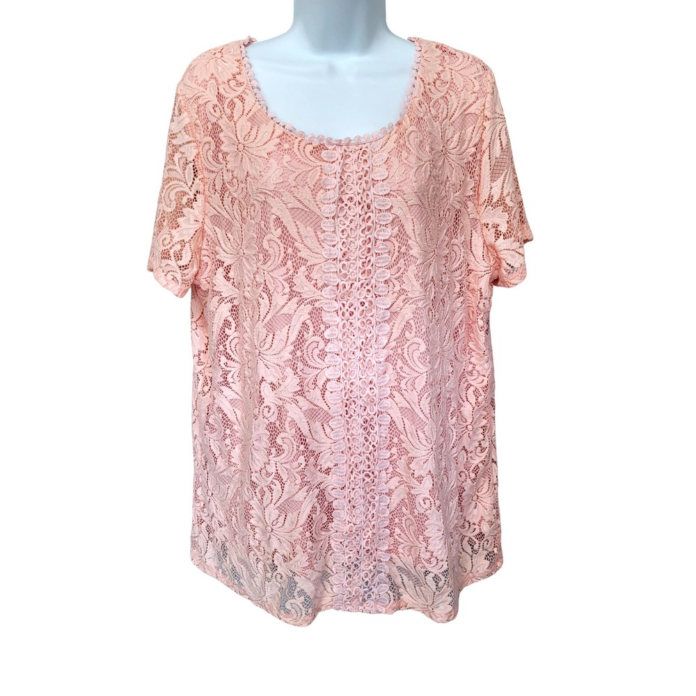 Lace Top Womens 3X Pink Floral Short Sleeve Crochet Scoop Neck Feminine